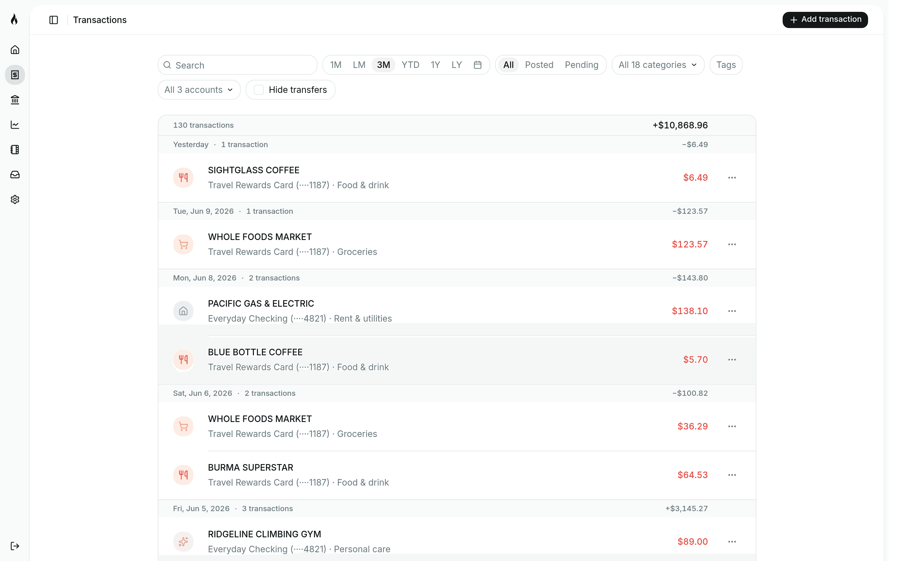 Stoke Money transactions list on desktop with categorized transactions and date groups